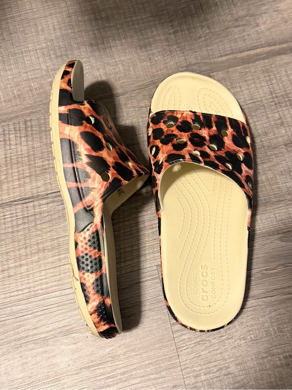 Crocs Leopard Print Slide Sandals in Cream 7